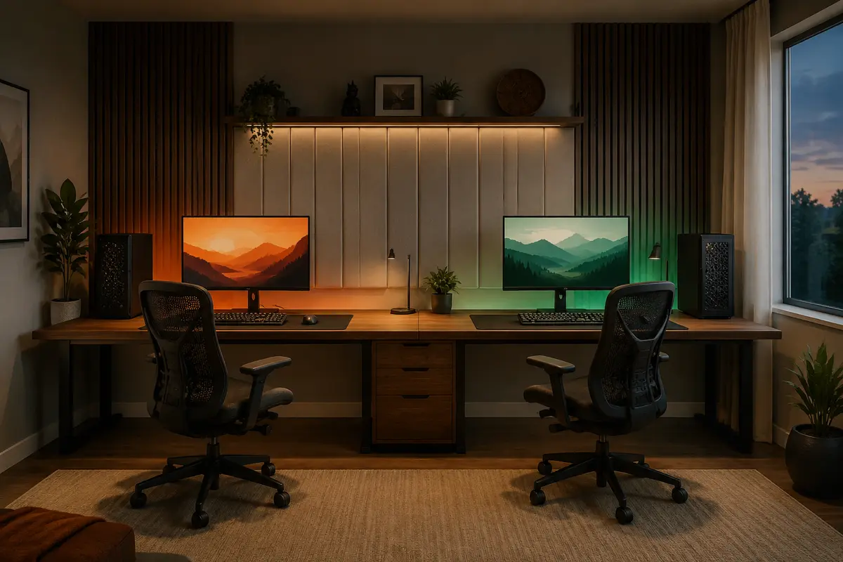 Two-player gaming room with matching desks, separate monitors, ergonomic chairs, and balanced accent lighting