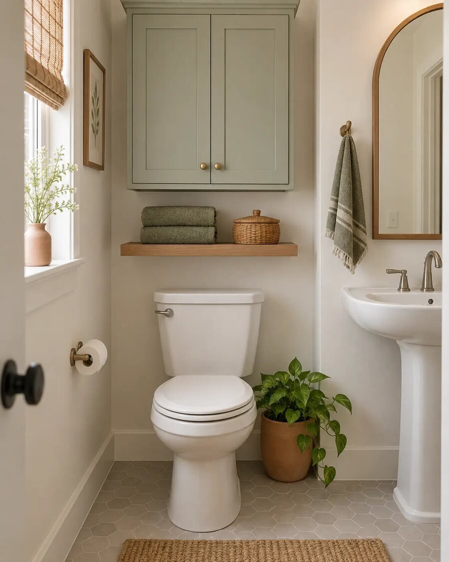Vertical small bathroom storage with a cabinet and shelf above the toilet
