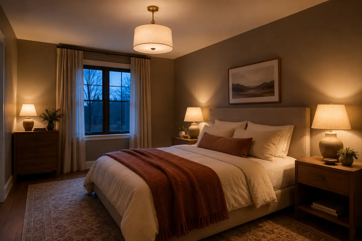 Cozy bedroom with a ceiling pendant, bedside lamps, and a small accent lamp