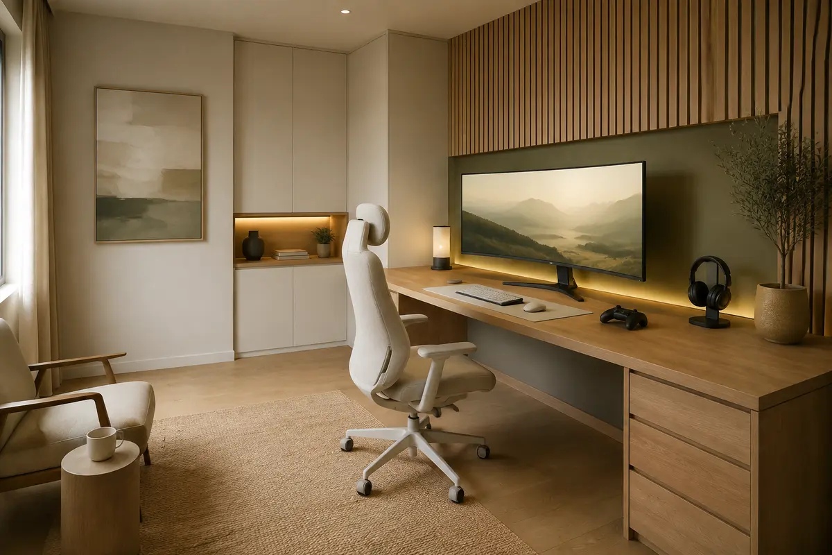 Warm minimalist gaming room with a light oak desk, ultrawide monitor, cream chair, and olive accent wall