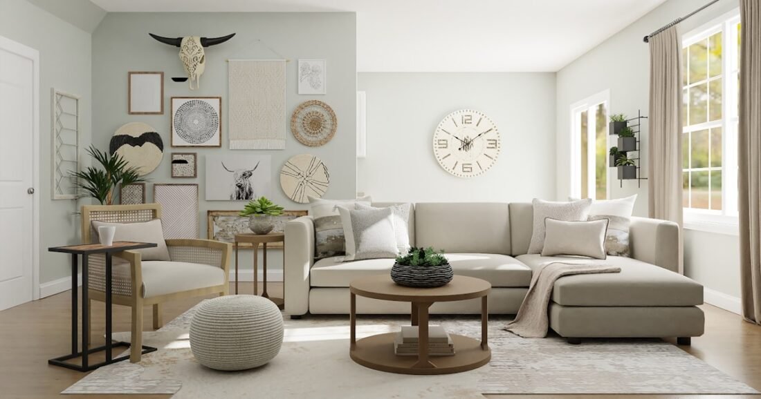 Warm neutral living room with beige upholstery and natural wood