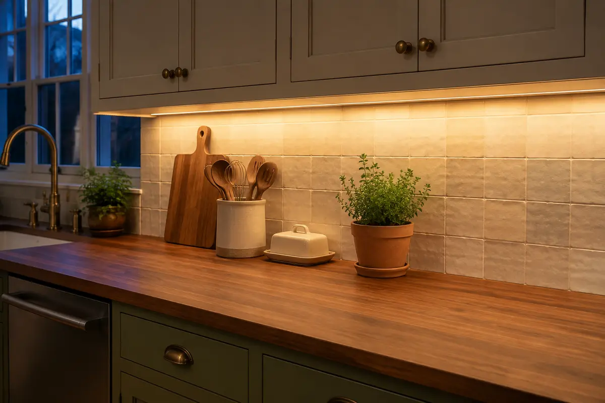 Warm under-cabinet lighting above a clear wood countertop with simple kitchen accessories
